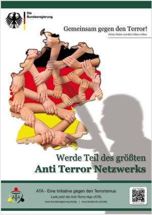 alt ATA - Anti Terror App Plakat aus der Veranstaltung "Grundlagen der Medieninformatik 1", 2013